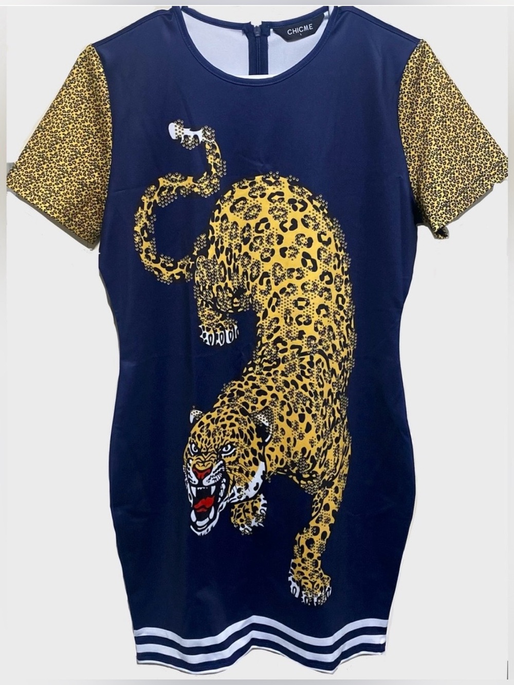 CHICME Leopard Big Cat Bodycon Mini Dress Women’s Large Navy Blue Short Sleeve